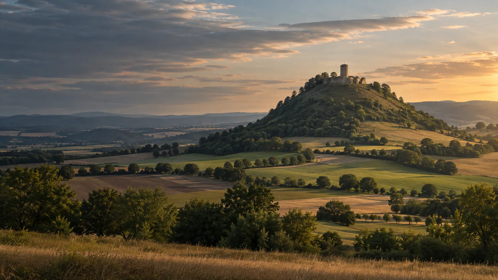 Landschaft mit dem Desenberg und seiner Burgruine bei Warburg